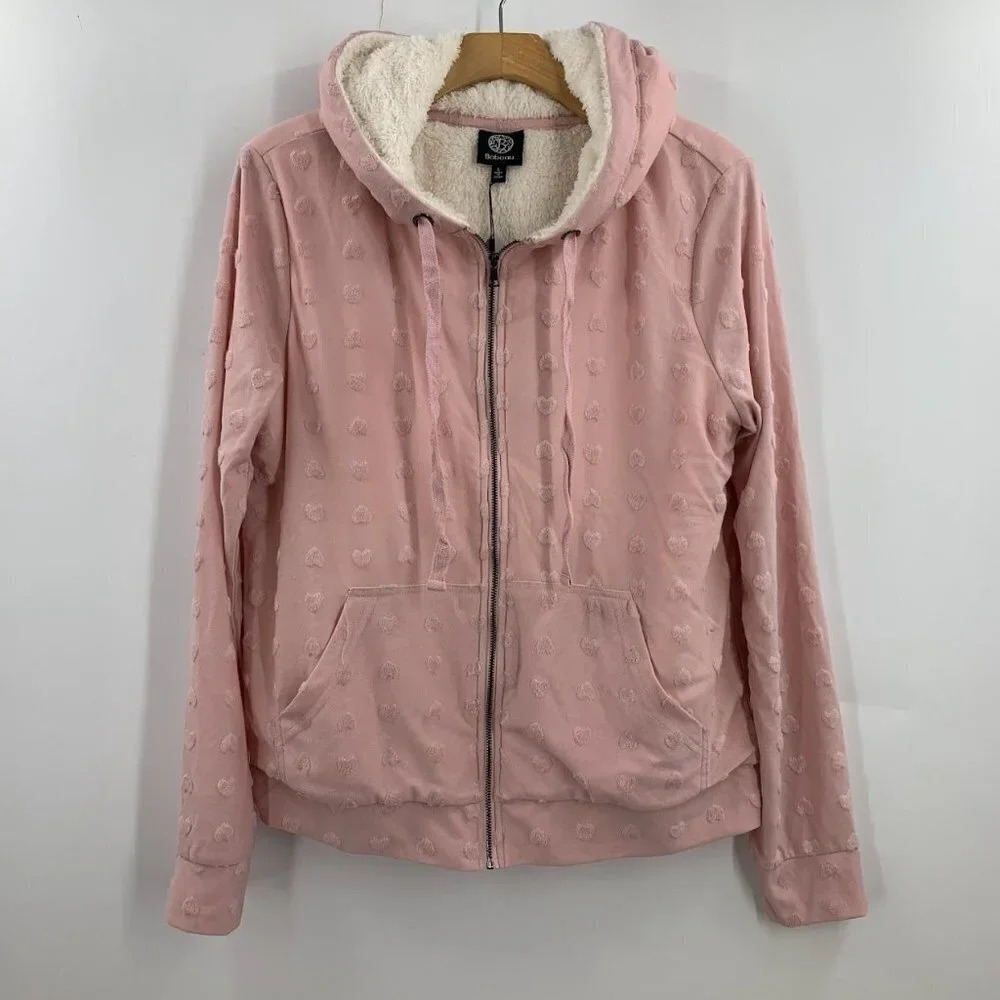 Bobeau Women's Flocked Hearts Ultraplush Full Zip Long Sleeve Hoodie Size L NWT